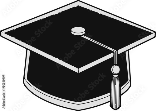 A black academic cap with a tassel hangs to the right, featuring a square mortarboard