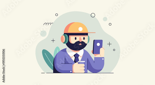 A bearded man in a hard hat and headphones looks at his phone