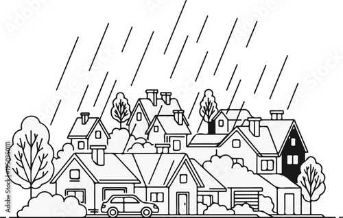 A stylized black and white illustration of a residential neighborhood during a downpour