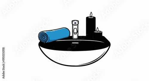 A bathroom sink with a rolled blue towel, a dispenser, and lit candles