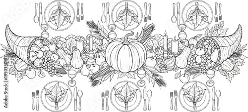 A festive harvest table setting with cornucopias, pumpkins, and place settings