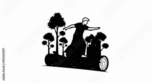 A figure balances on a log surrounded by stylized trees in black silhouette