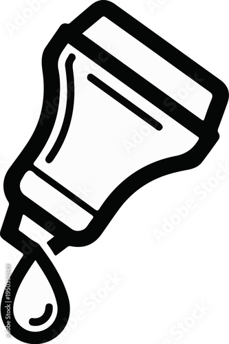A stylized black and white illustration of a squeeze bottle with a single drop falling
