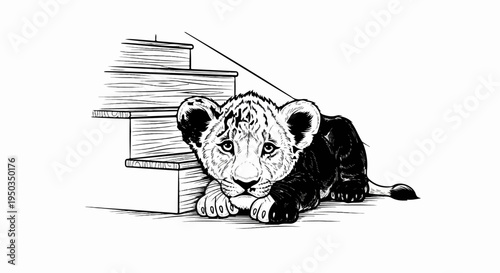 A black and white sketch of a lion cub resting near wooden stairs