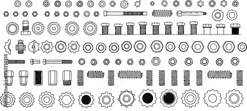A collection of mechanical engineering components including bolts, nuts, gears, and springs