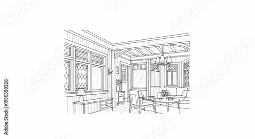 A line drawing of a sunroom with decorative windows, chairs, and a sofa
