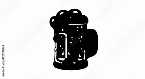 A stylized black silhouette of a frothy mug with dripping condensation