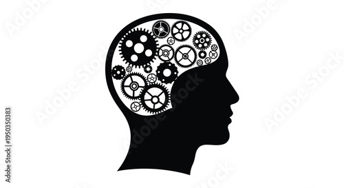 A stylized silhouette of a human head in profile contains a complex network of interconnected gears within high quality