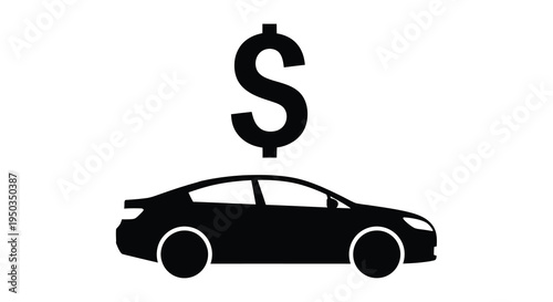 A stark black silhouette depicts a modern car with a dollar sign hovering above symbolizing cost or finance