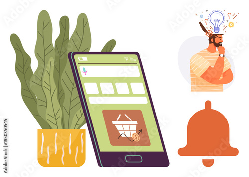 E-commerce, online shopping, creative ideas, notifications, digital business tools, internet trends. Smartphone with cart icon, thought illustration and notification bell. E-commerce and online