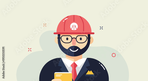 A stylized cartoon man in a hard hat, suit, and glasses holds a yellow card