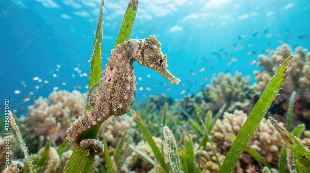 Fototapeta premium Seahorse clinging to green seagrass in vibrant coral reef underwater ocean environment, tropical marine life, detailed closeup