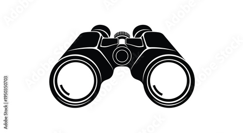 A striking black and white illustration depicts a pair of binoculars showcasing a focused central view high quality professional