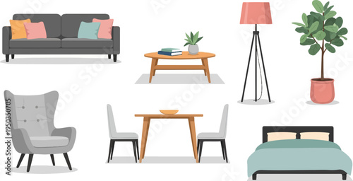 A collection of modern furniture and decor items