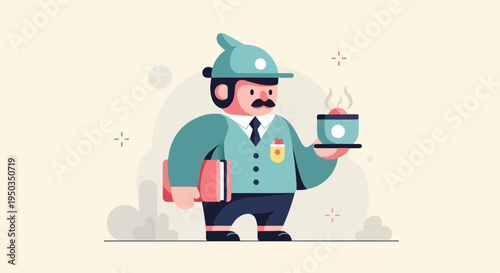 A friendly cartoon server in a uniform holds a book and a steaming cup of coffee