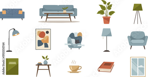 A collection of cozy home interior illustrations, including furniture and decor