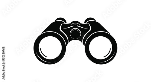 A stark black and white illustration depicts a pair of binoculars showcasing a classic optical instrument design high quality professional detailed