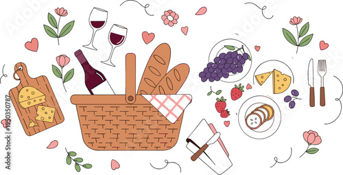 Romantic Picnic Basket Set with Bread, Wine, Cheese, Grapes and Dessert for Outdoor Date, Summer Picnic and Food Illustration