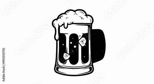 A frothy, iced beverage in a glass mug with a handle