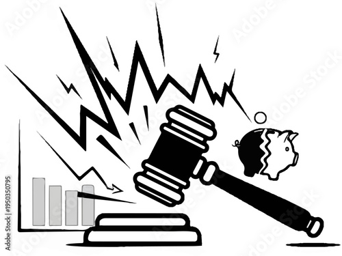 A gavel hits a broken piggy bank near a downward trending graph