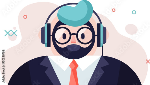 A stylized cartoon character with headphones, glasses, and a suit