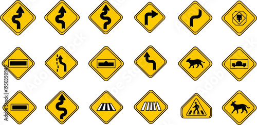 A collection of yellow diamond-shaped warning signs with black symbols