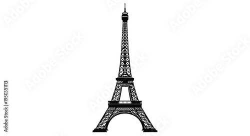 A striking black silhouette of the eiffel tower stands prominently against a clean bright white background symbolizing paris