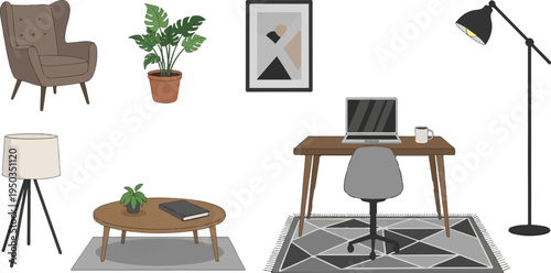A cozy home office setup with a chair, desk, laptop, plants, and lighting