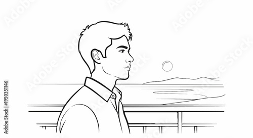 A man in a collared shirt looks out at a serene body of water with mountains