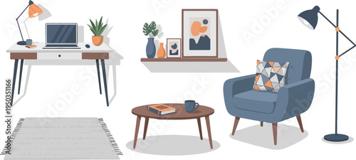 A cozy home workspace with a desk, chair, coffee table, and decor