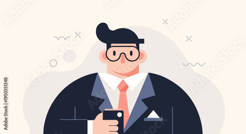 A man in a suit and tie with glasses holds a phone and uses abstract shapes in the background