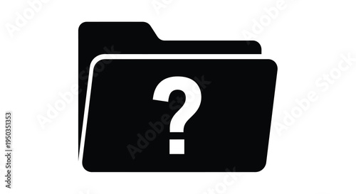 A minimalist black folder icon displays a white question mark signifying unknown or missing file contents high quality professional