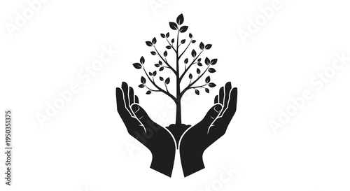 A striking black silhouette depicts protective hands cradling a small tree symbolizing growth care and environmental stewardship high quality
