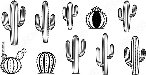 A collection of ten unique line-art illustrations of various cactus species