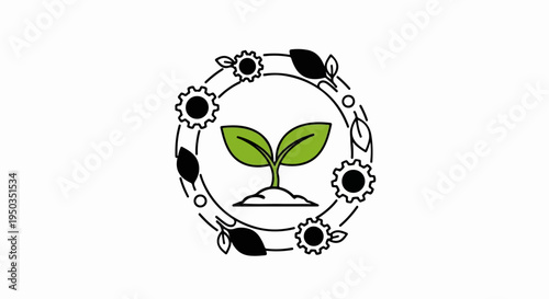 A green sprout emerges from soil within a circular gear and leaf motif