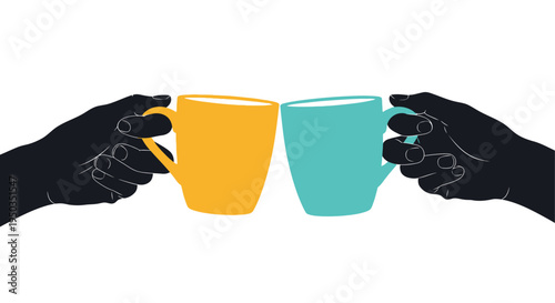 A stylized illustration depicts two hands holding and clinking brightly colored mugs together symbolizing connection high quality professional detailed
