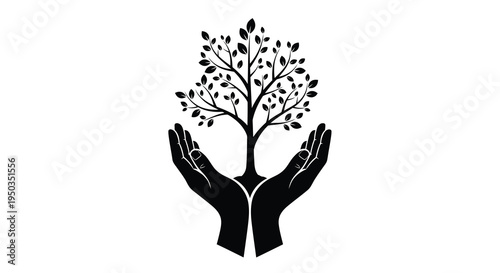 A striking black silhouette depicts cupped hands gently supporting a flourishing tree symbolizing growth and protection high quality professional