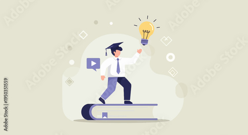 A graduate student walks on a book toward a bright idea lightbulb