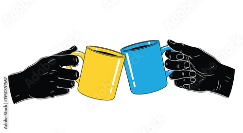 A striking illustration depicts two hands reaching across a void each holding a brightly colored mug in a toast