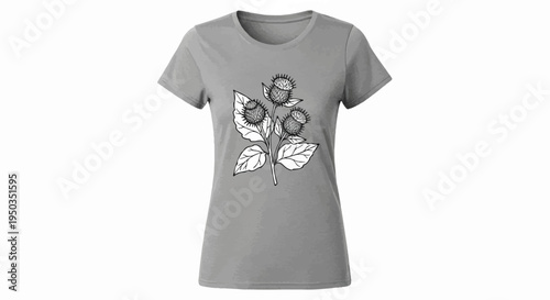 A grey t-shirt with a black and white line drawing of a burdock plant with three burrs