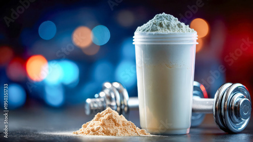 Protein shaker with supplement powder and dumbbells in gym setting, fitness nutrition concept with bokeh background