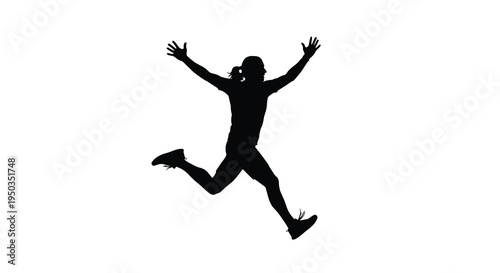 A silhouetted figure of a person with long hair jubilantly jumping in mid air against a stark white background