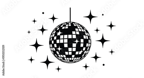 A striking black and white illustration depicts a disco ball surrounded by numerous small sparkling starburst shapes high quality
