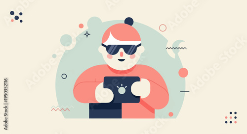 A cartoon figure with sunglasses holds a tablet against a pastel background