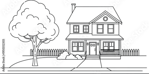 Simple line art drawing depicts a traditional two story suburban home with a large shade tree and picket fence