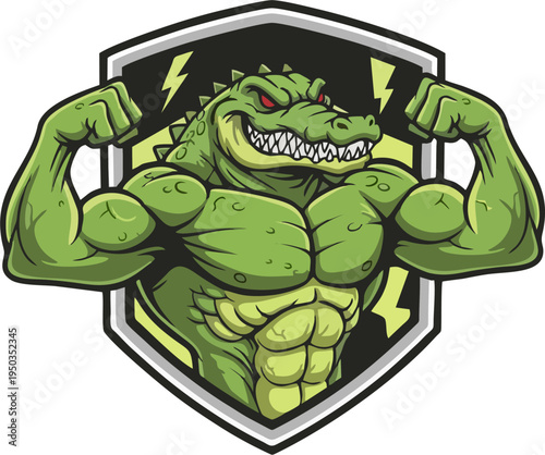 Muscular Crocodile Mascot Logo Emblem – Strong Alligator Bodybuilder Flexing in Shield Badge (Vector Cartoon Illustration)