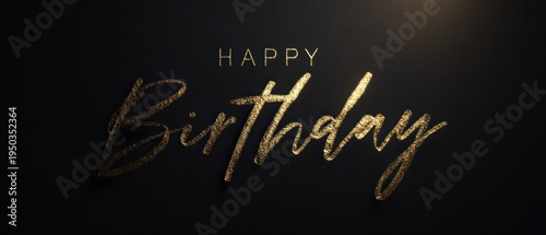 Elegant happy birthday greeting with gold lettering on dark background