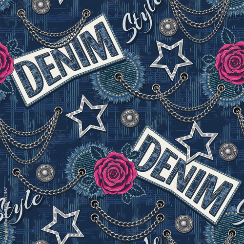 Seamless denim themed pattern with text elements, denim fabric patches, silver stars, pink rose flowers, metal trims. Print in vintage style for clothing, textile fashion design