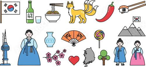 Collection of colorful South Korea culture illustrations featuring flag traditional hanbok food landmarks and folk symbols for travel design