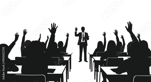 A silhouetted business professional addresses an audience with raised hands suggesting questions or engagement during a presentation high quality